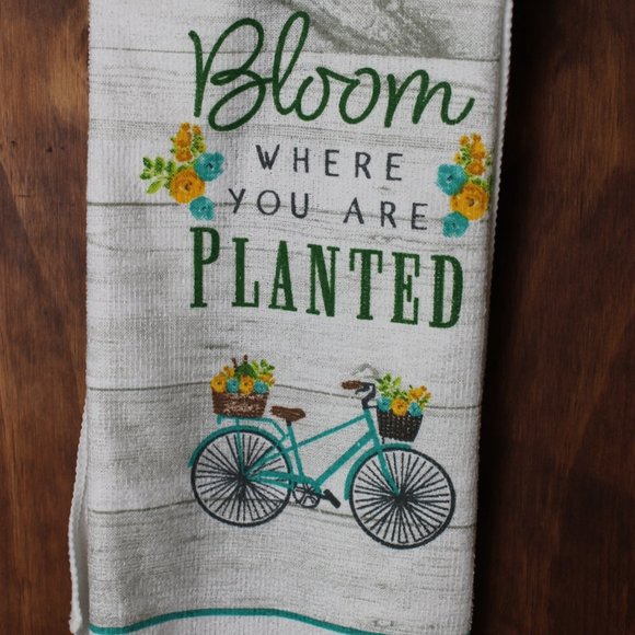"BLOOM WHERE YOU ARE PLANTED" GREEN & WHITE FLORAL PRINT HANDMADE HANGING TOWEL - Picture 2 of 4